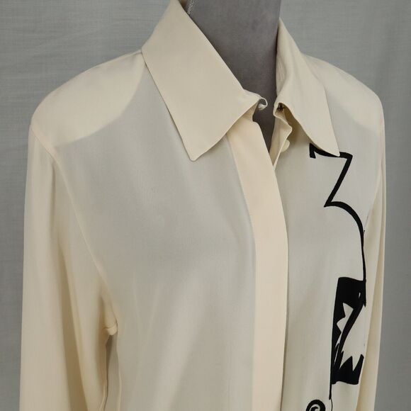 Laurel Escada Top Womens 6 Ivory Silk Blouse Embroidered Shoulder Pads Vintage - Picture 14 of 16